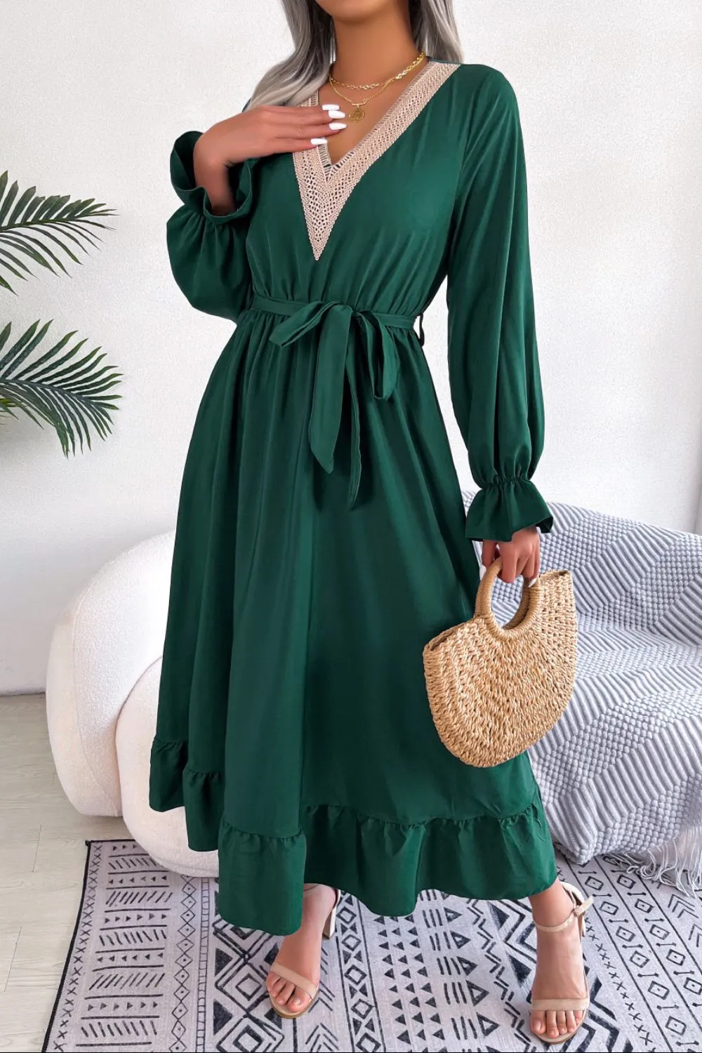 Contrast Belted Flounce Sleeve Dress, image 6