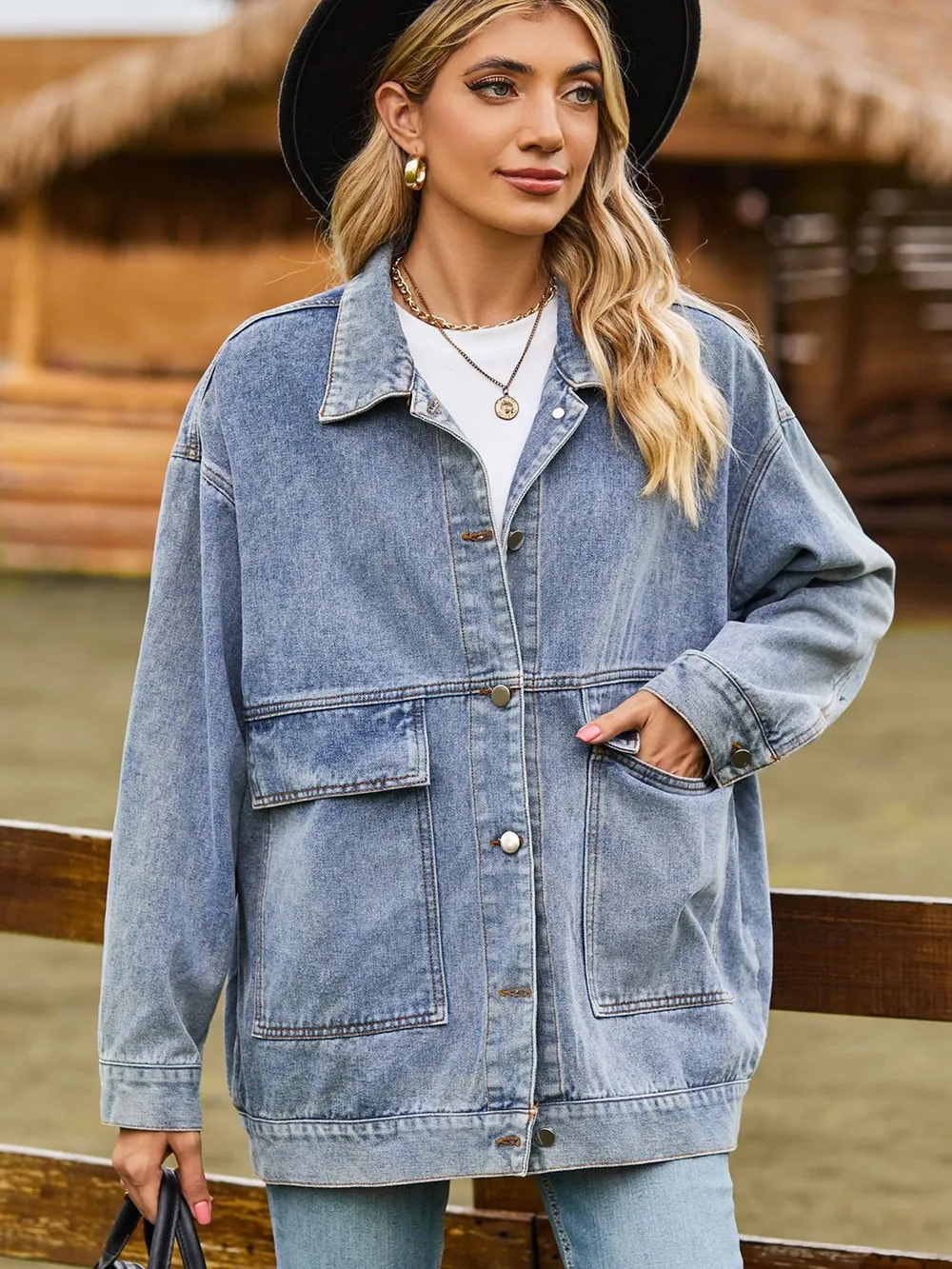 Dropped Shoulder Denim Jacket with Pockets, image 6