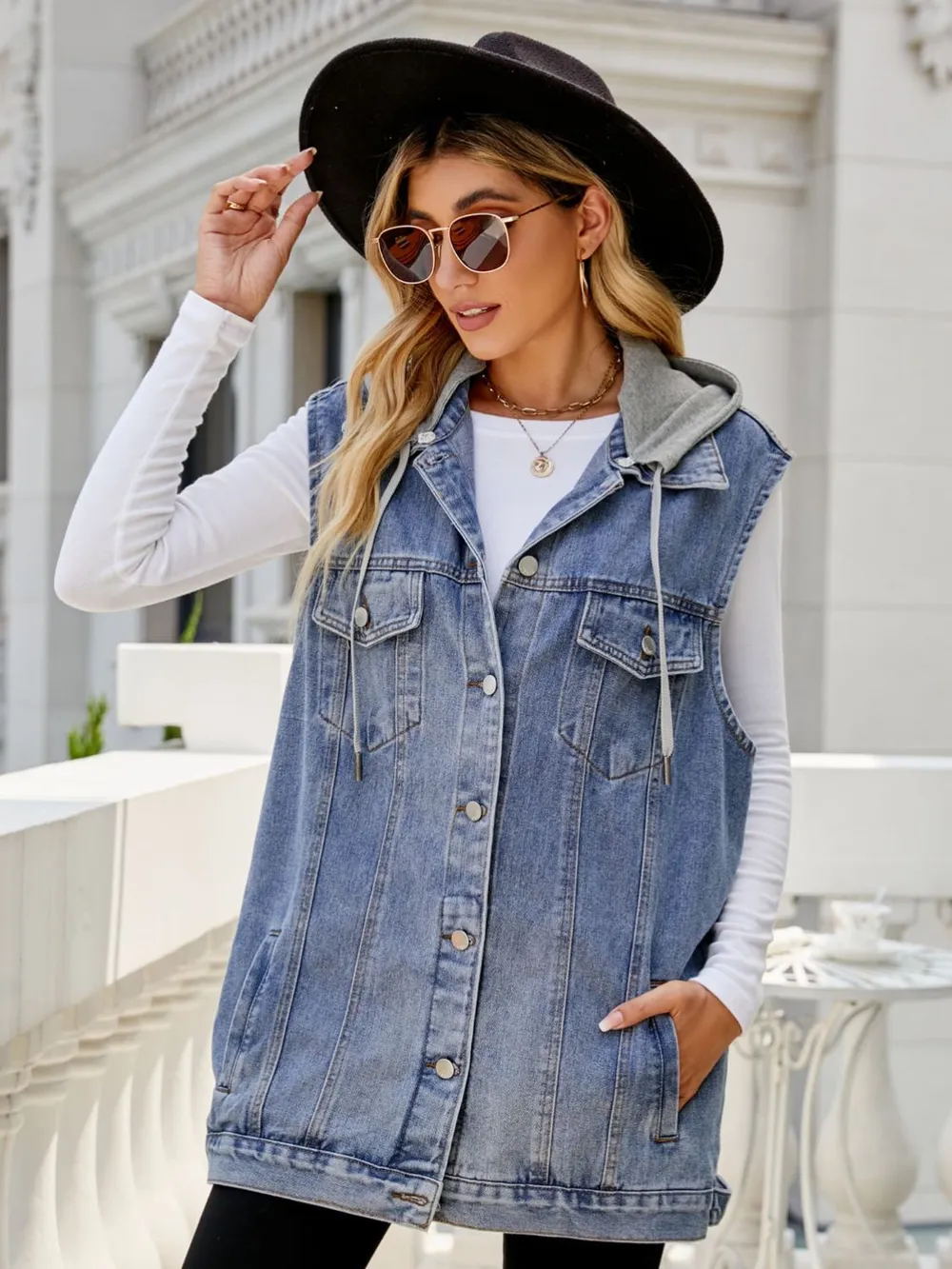Drawstring Hooded Sleeveless Denim Top with Pockets, image 4