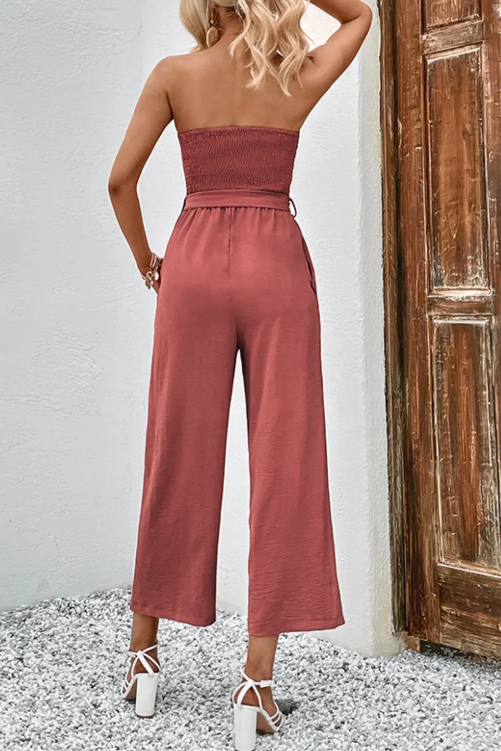 Decorative Button Strapless Smocked Jumpsuit with Pockets, image 5