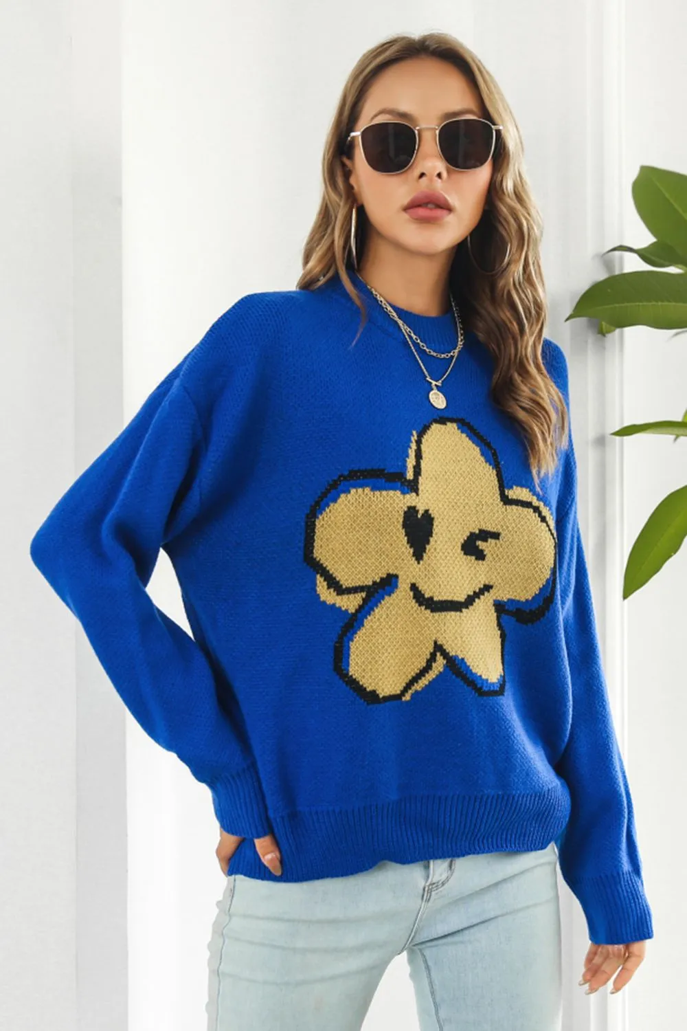 Flower Graphic Drop Shoulder Sweater, image 2
