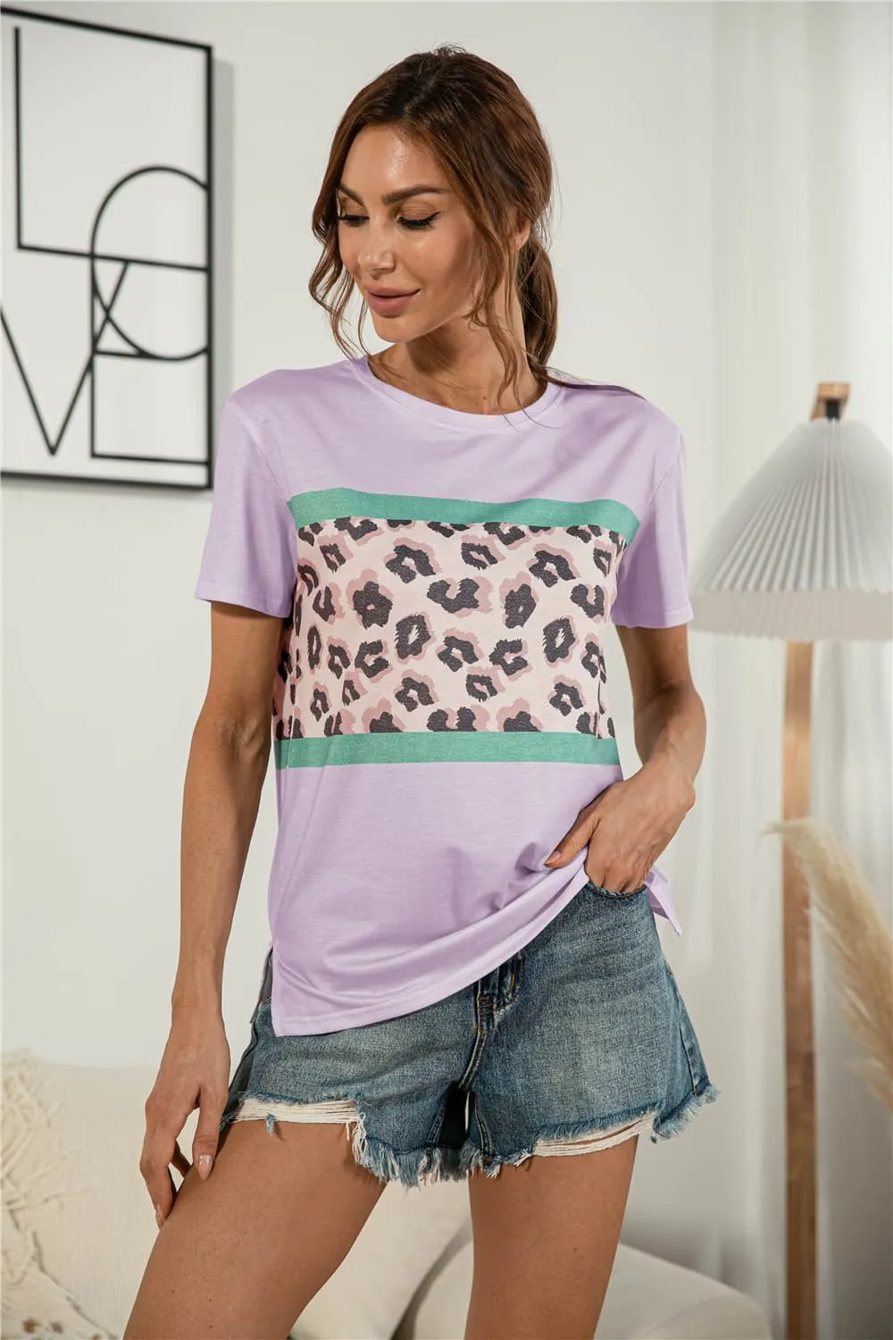 Leopard Color Block Side Slit Tee, image 2