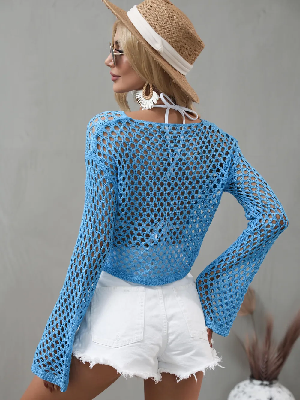 Openwork Flare Sleeve Cropped Cover Up, image 9