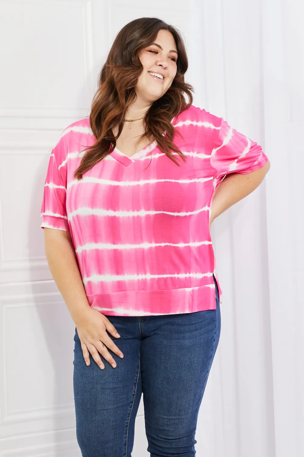 Full Size Oversized Fit V-Neck Striped Top, image 3