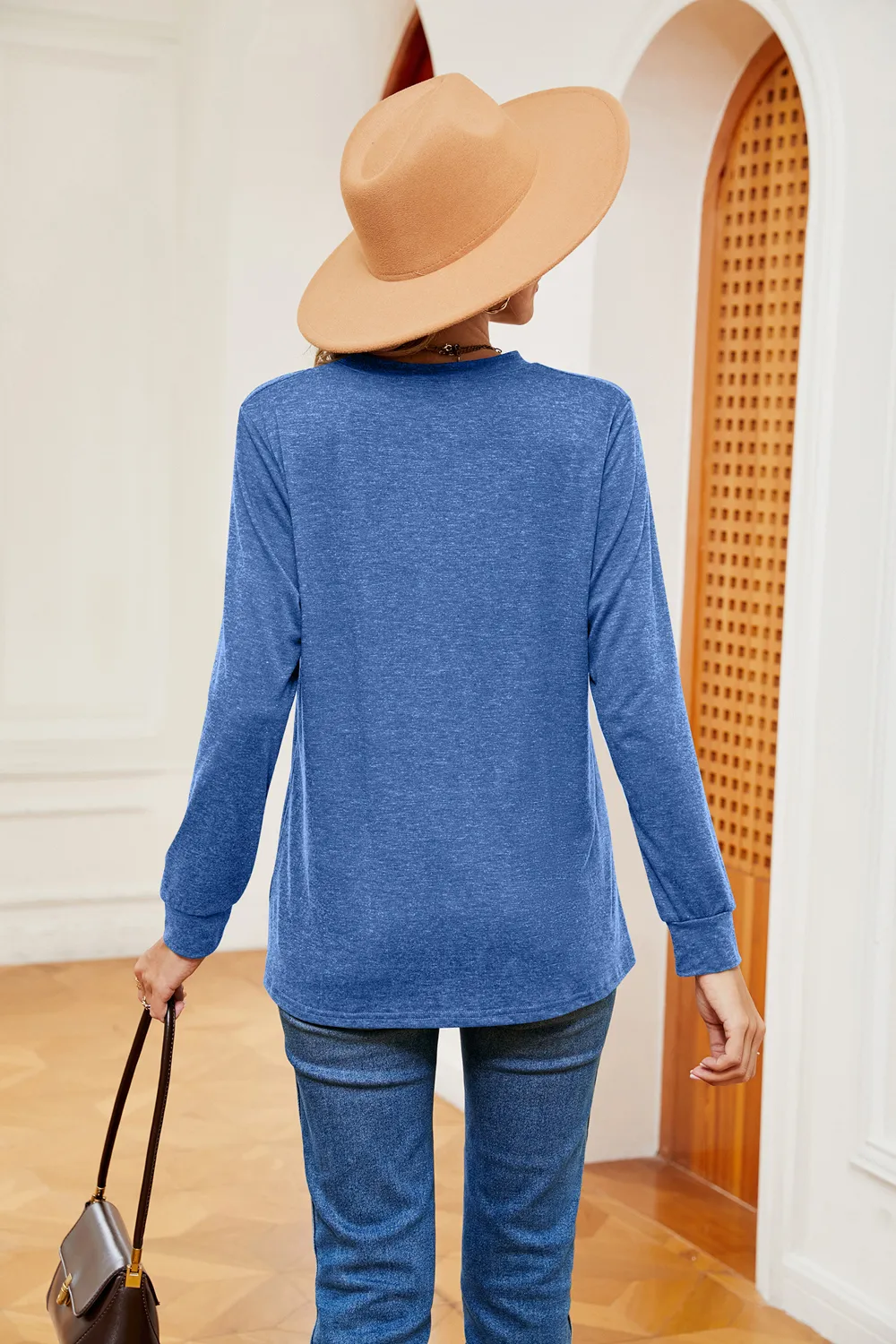 Buttoned Notched Neck Long Sleeve Top, image 3