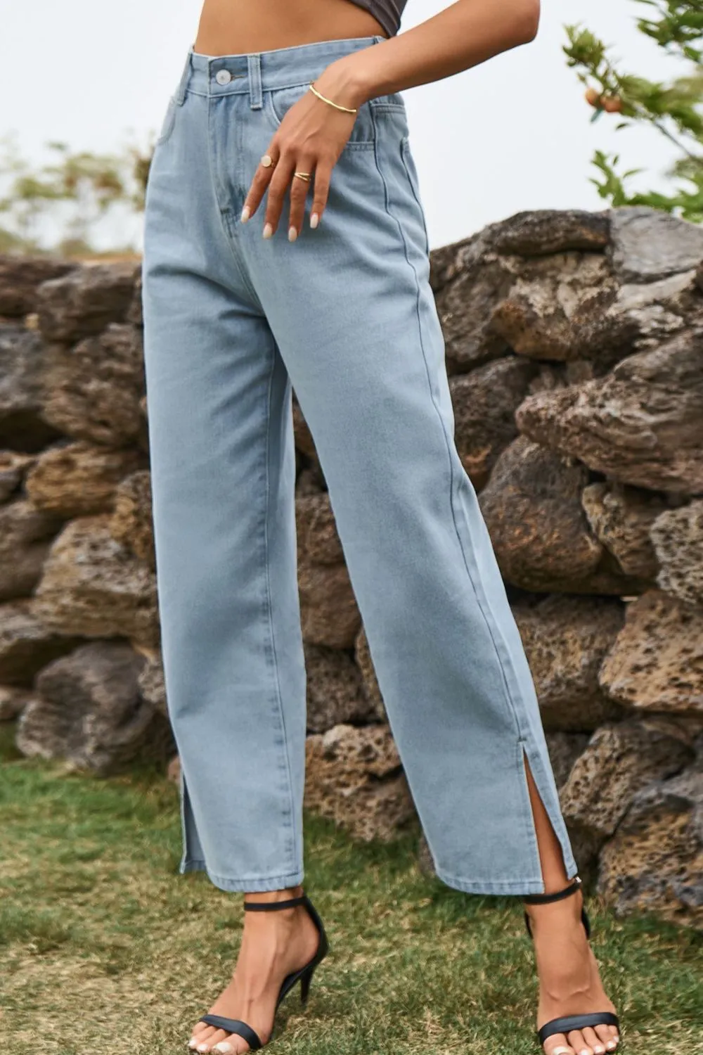 High Waist Loose Fit Ankle Slit Jeans, image 4