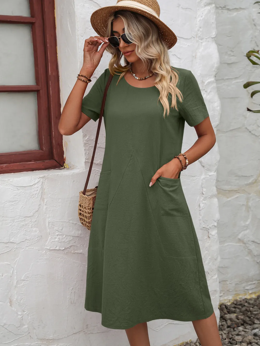 Round Neck Short Sleeve Dress with Pockets, image 4