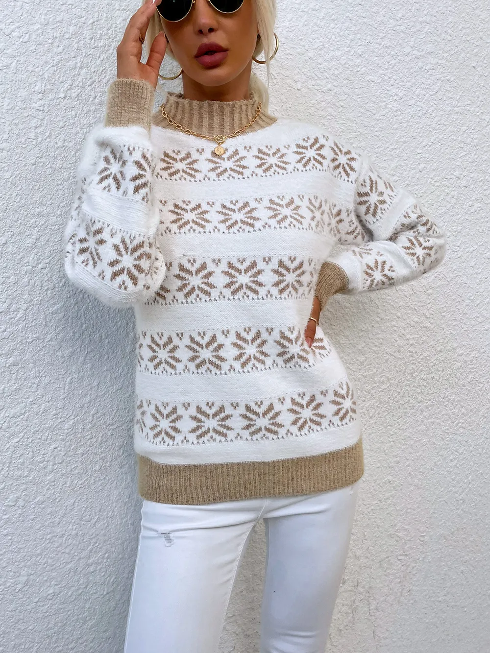 Snowflake Pattern Mock Neck Sweater, image 11