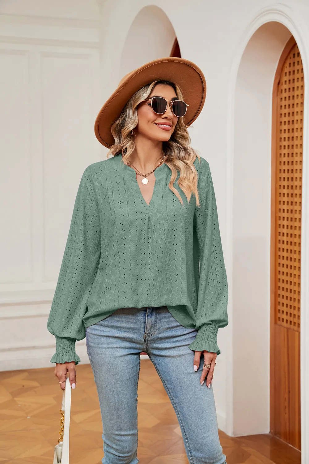 Notched Neck Flounce Sleeve Blouse, image 21