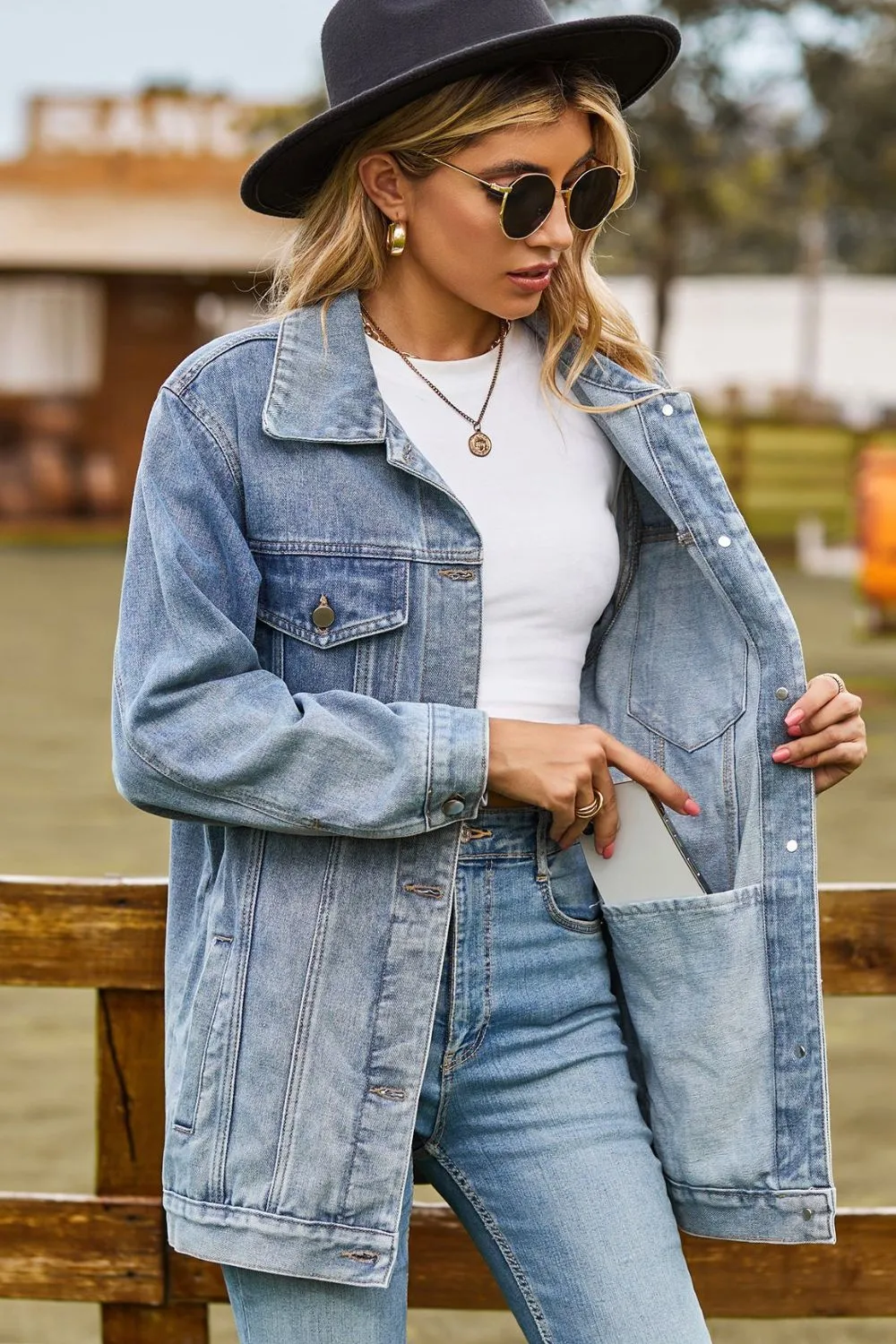 Buttoned Collared Neck Denim Jacket with Pockets, image 12