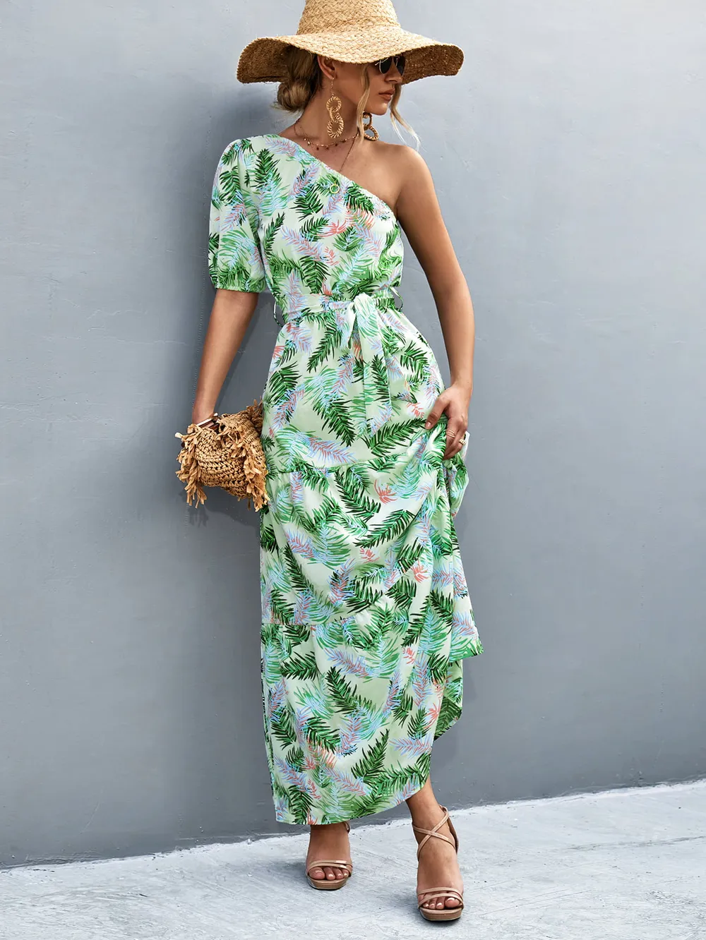 Printed Tie Waist One Shoulder Maxi Dress, image 7