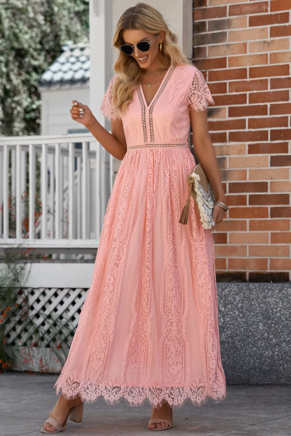 Scalloped Trim Lace Plunge Dress, image 9
