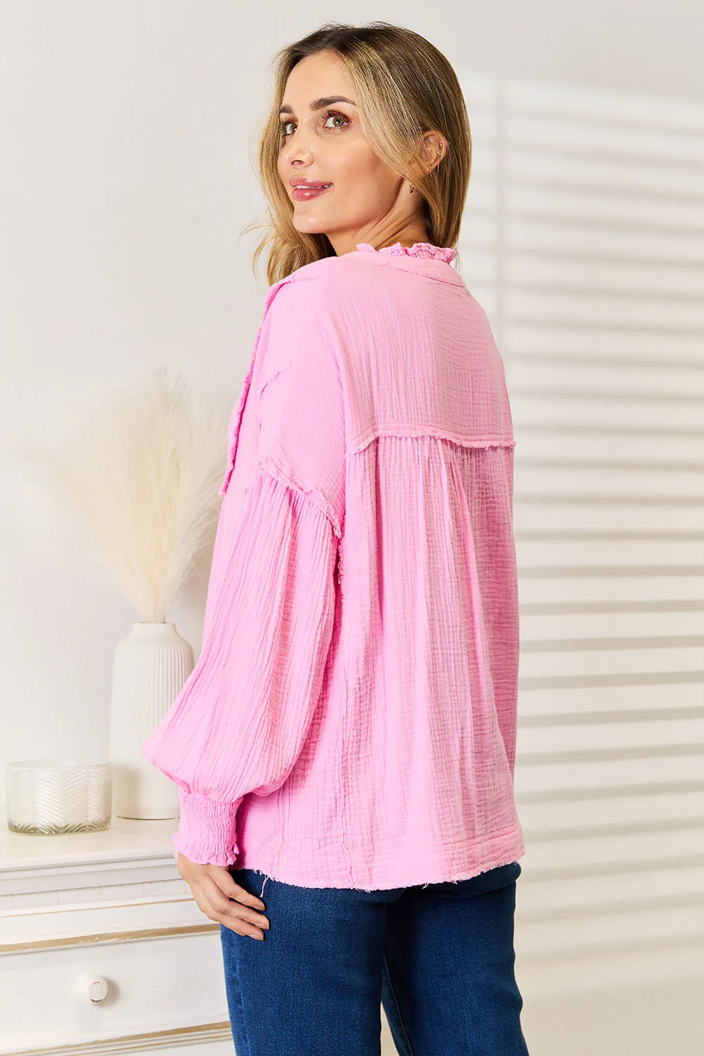 Exposed Seam Buttoned Notched Neck Blouse, image 3