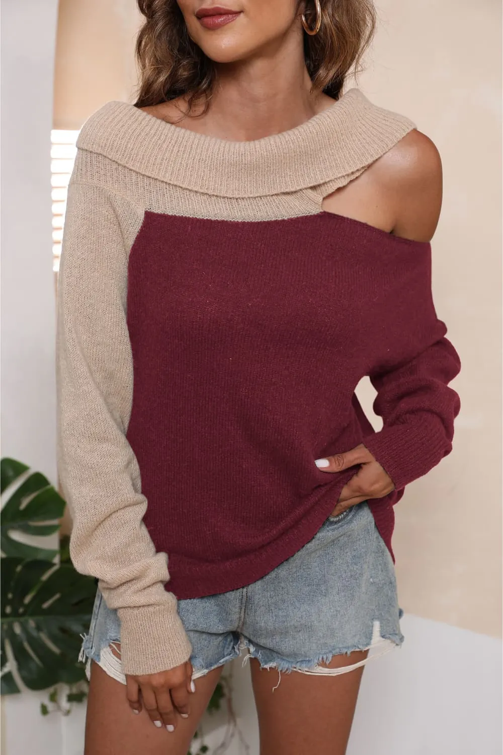 Asymmetrical Long Sleeve Two-Tone Cutout Sweater, image 14