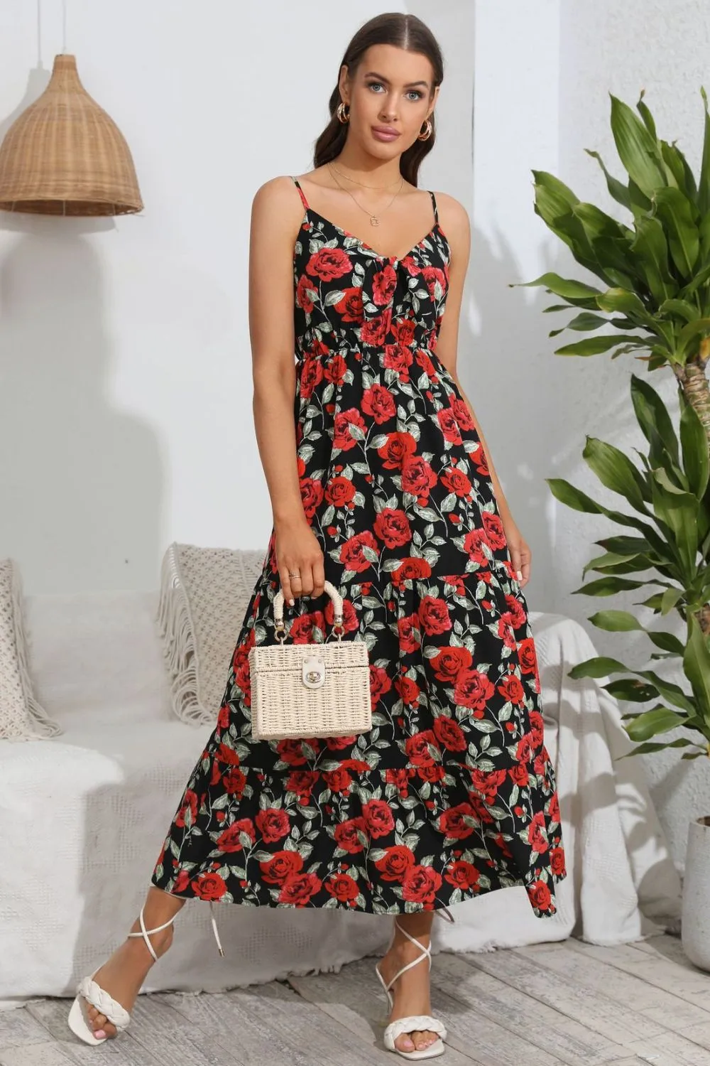 Rose Print Spaghetti Strap Sweetheart Neck Dress, image 4