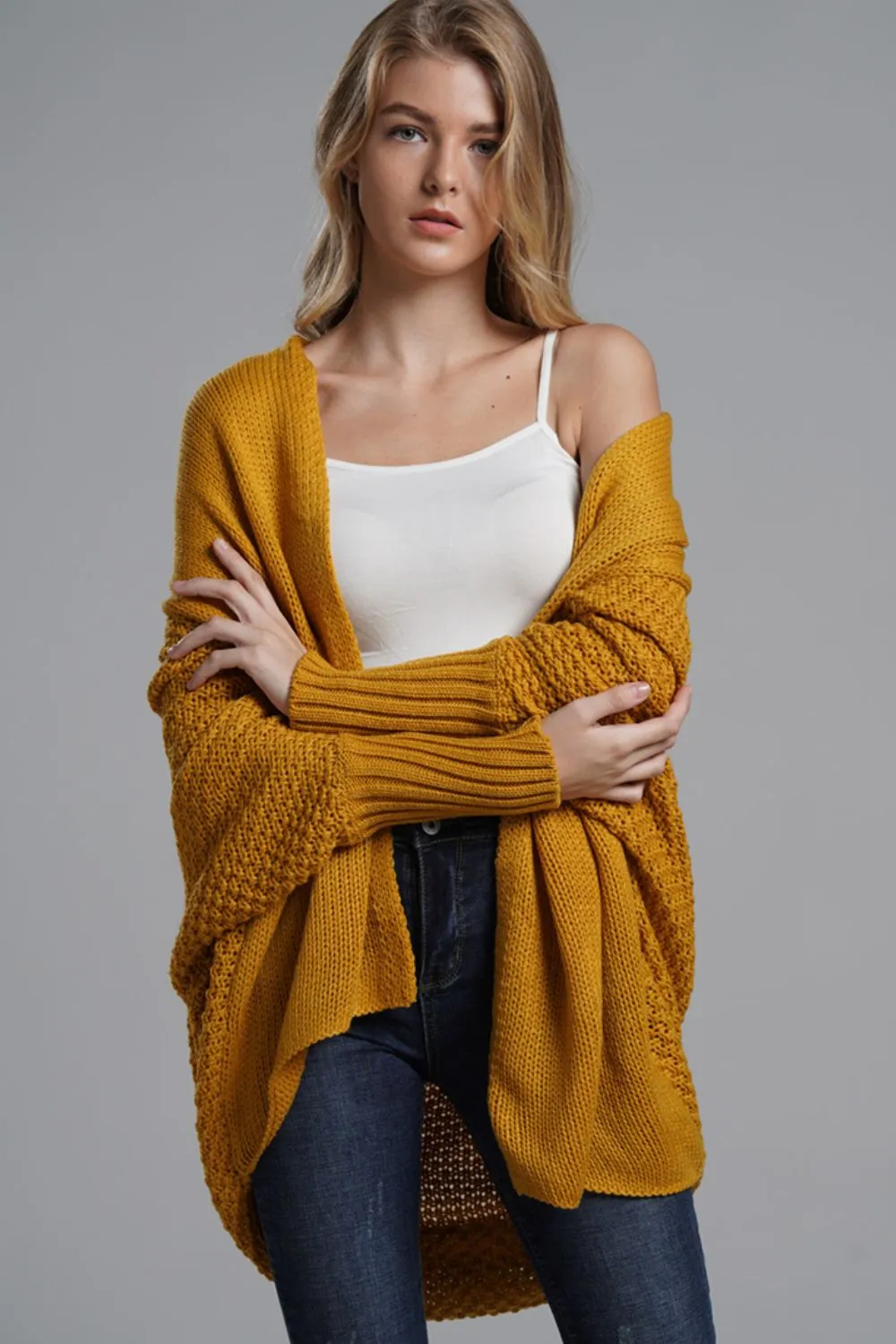 Dolman Sleeve Open Front Ribbed Trim Longline Cardigan, image 20