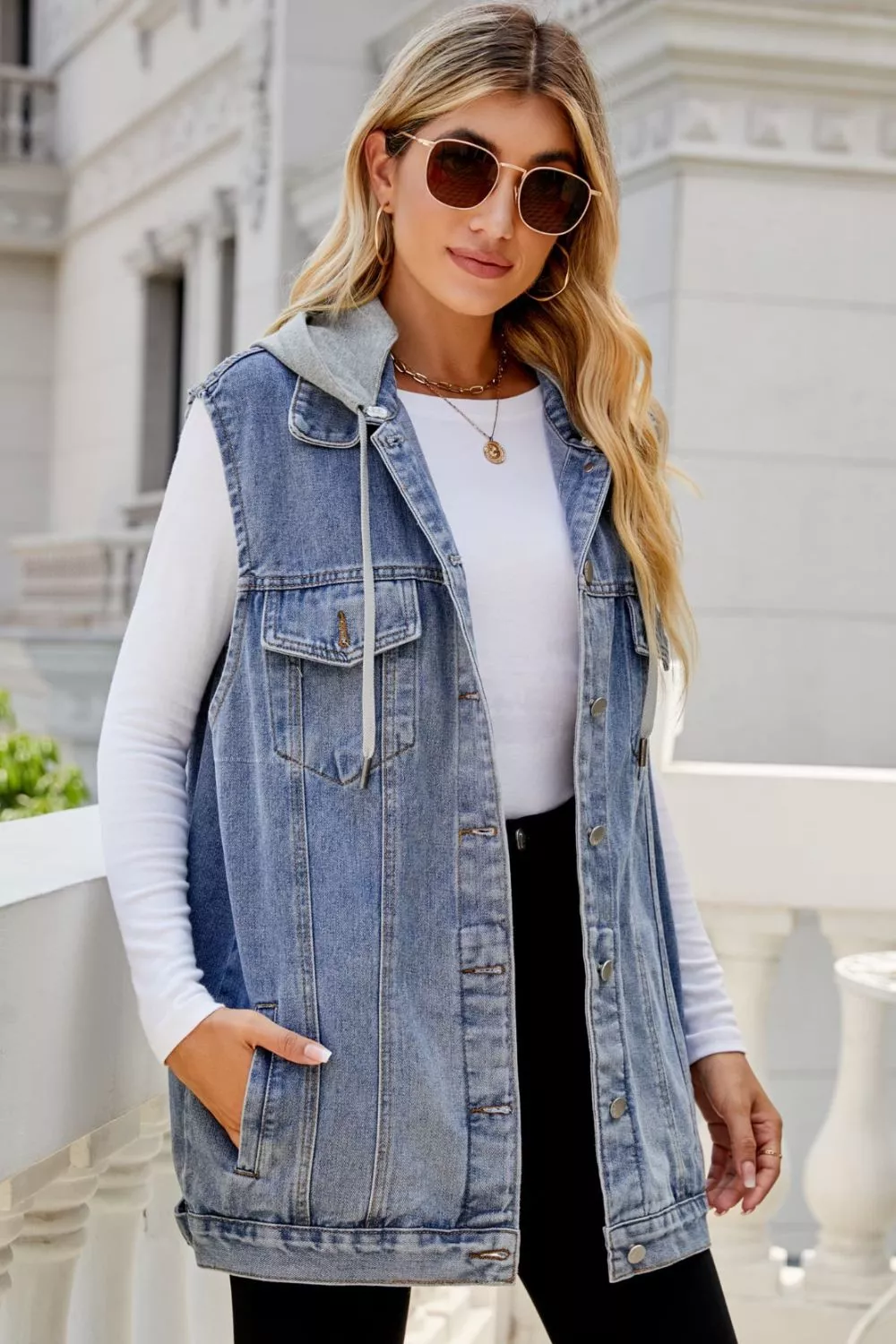 Drawstring Hooded Sleeveless Denim Top with Pockets, image 5
