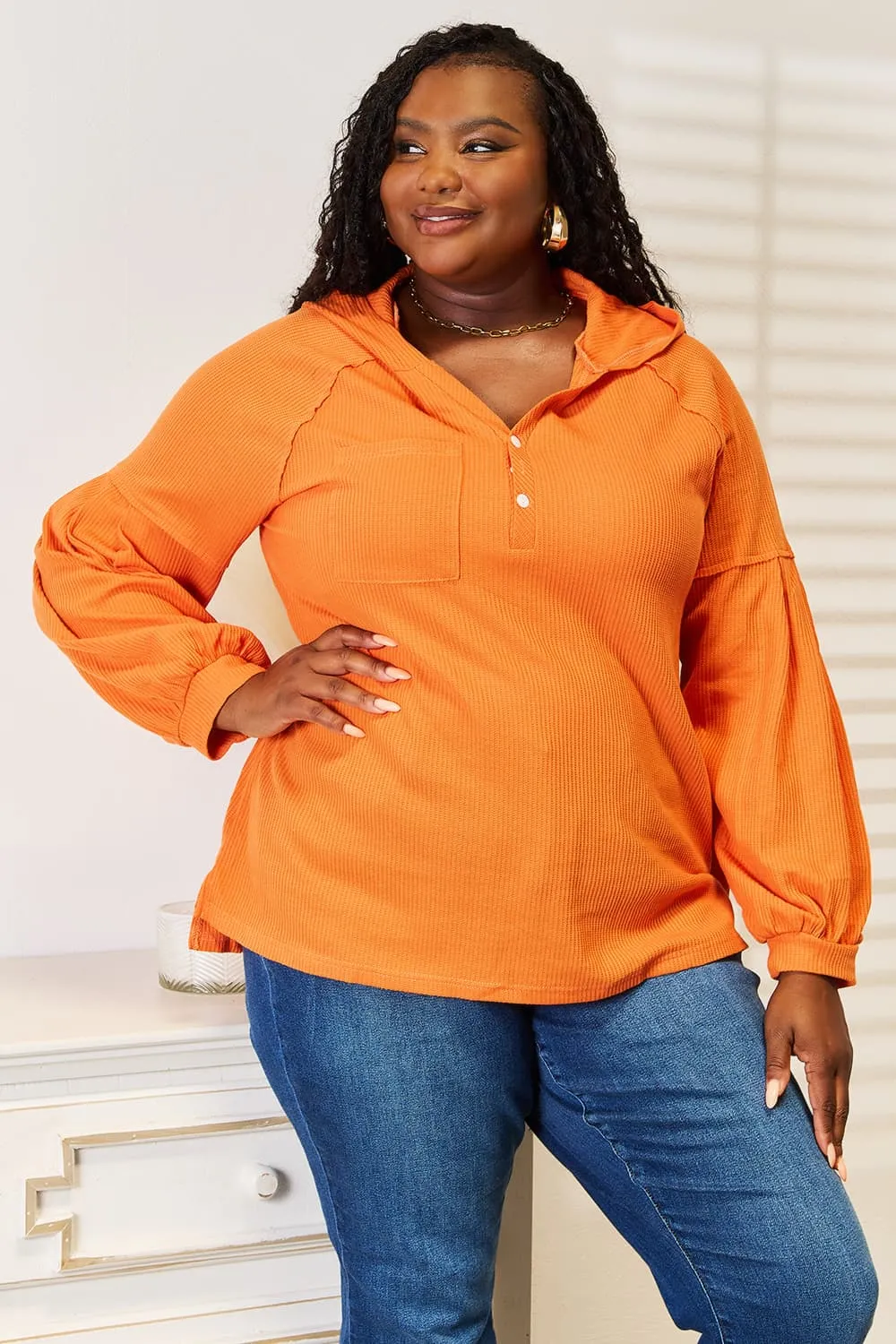 Side Slit Buttoned Waffle Knit Hoodie, image 5