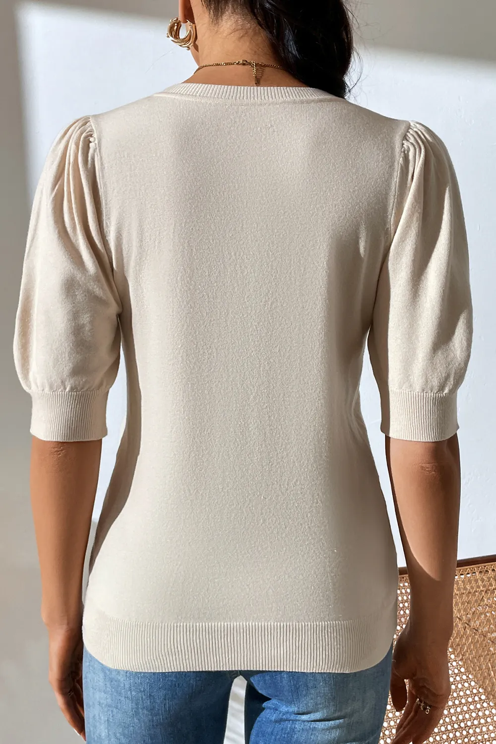 Round Neck Puff Sleeve Knit Top, image 16