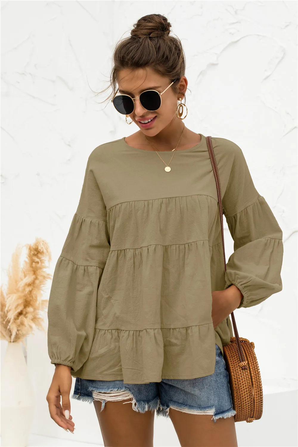 Round Neck Bubble Sleeve Tiered Blouse, image 5