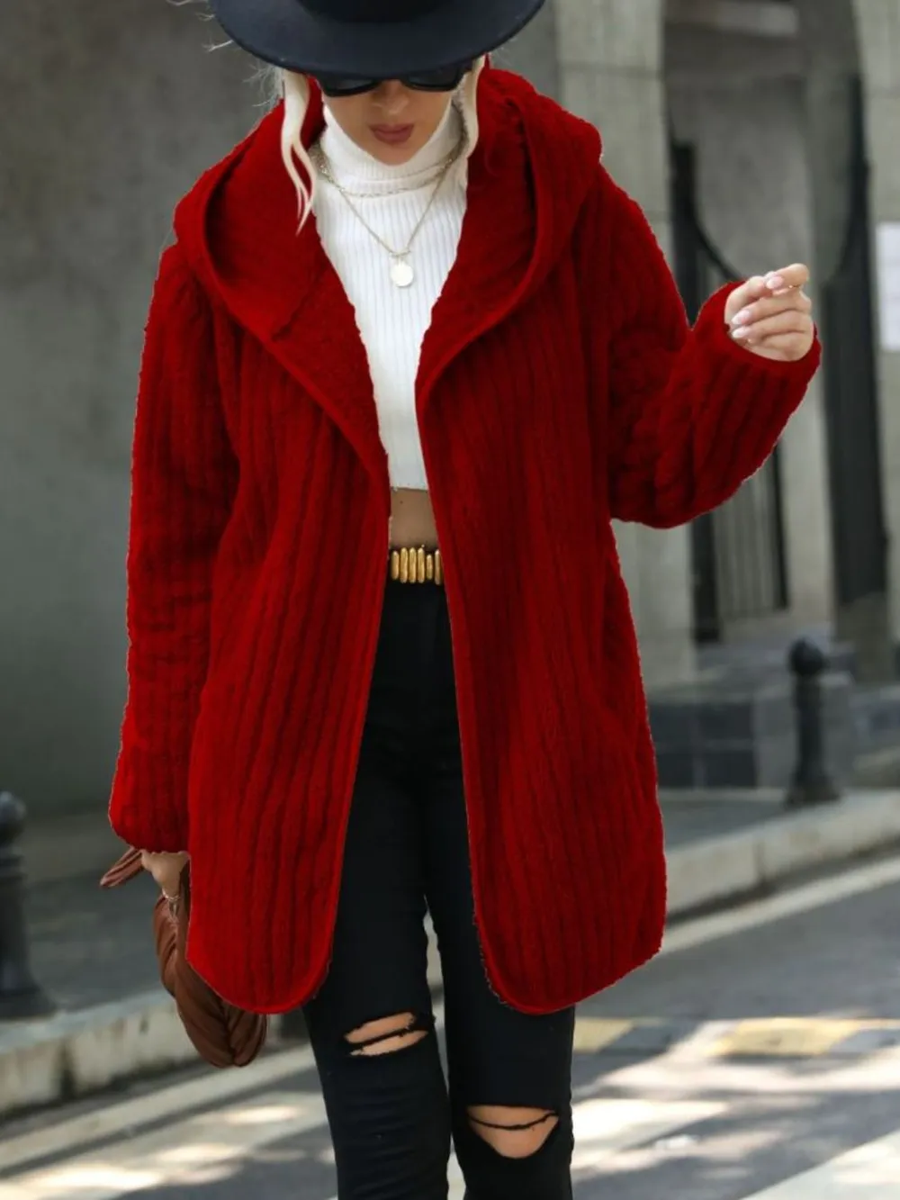 Open Front Ribbed Hooded Coat, image 5