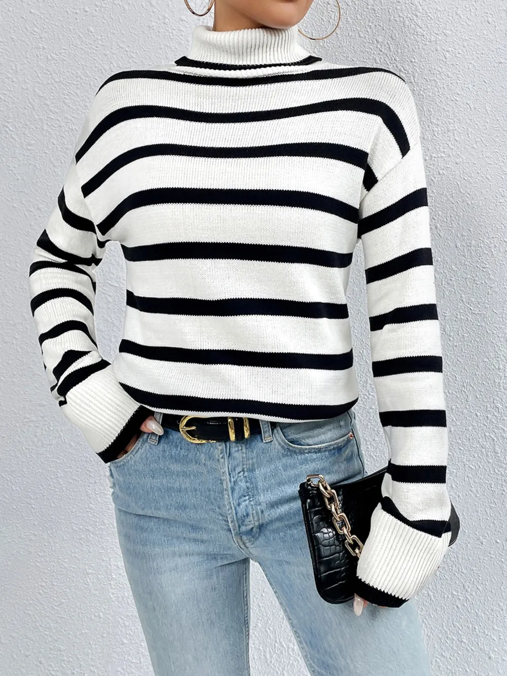 Striped Turtleneck Drop Shoulder Sweater, image 8