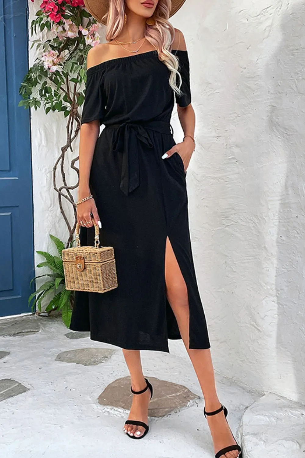 Tie-Waist Off-Shoulder Split Dress, image 3