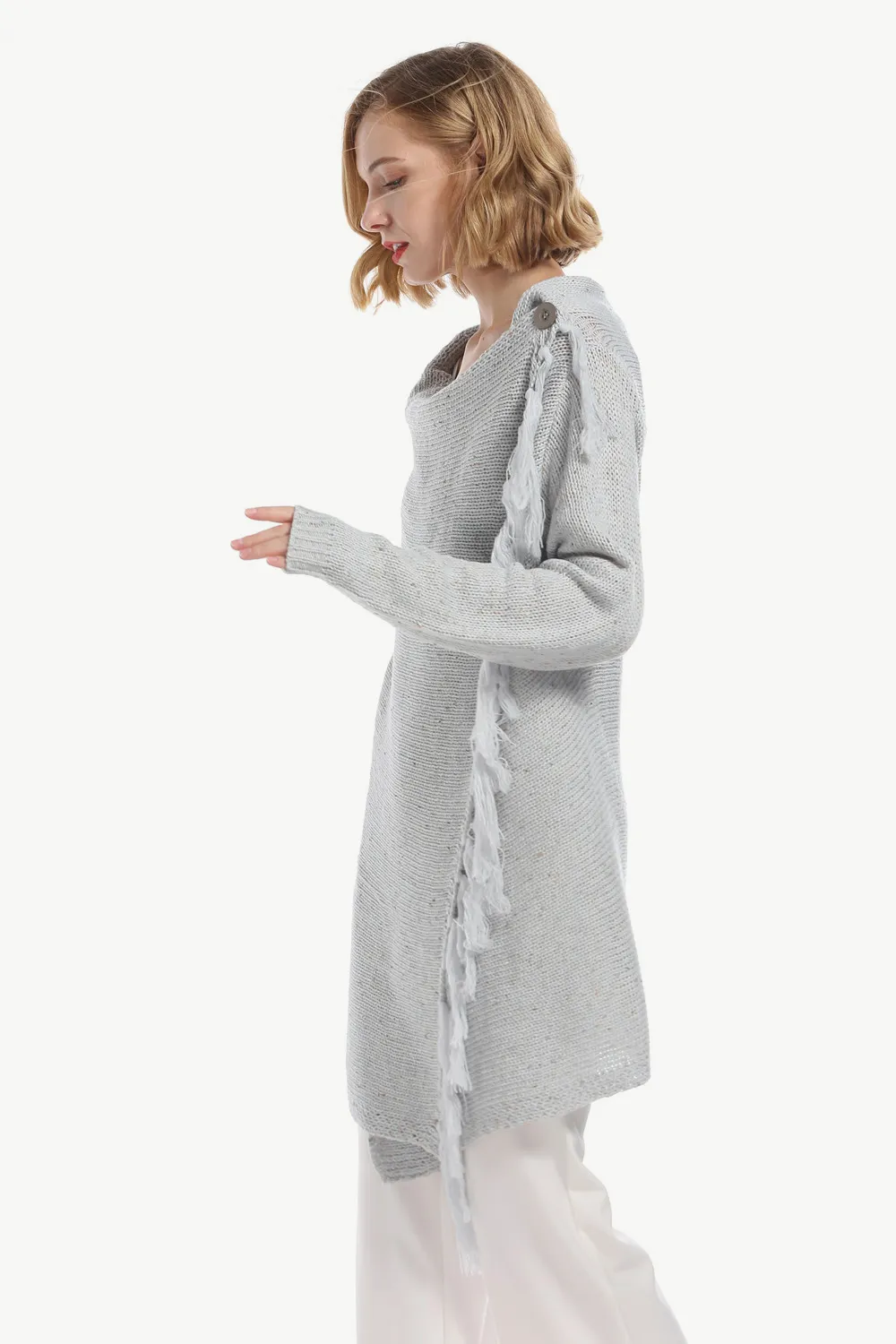 One-Button Tassel Tie Asymmetrical Hem Cardigan, image 16