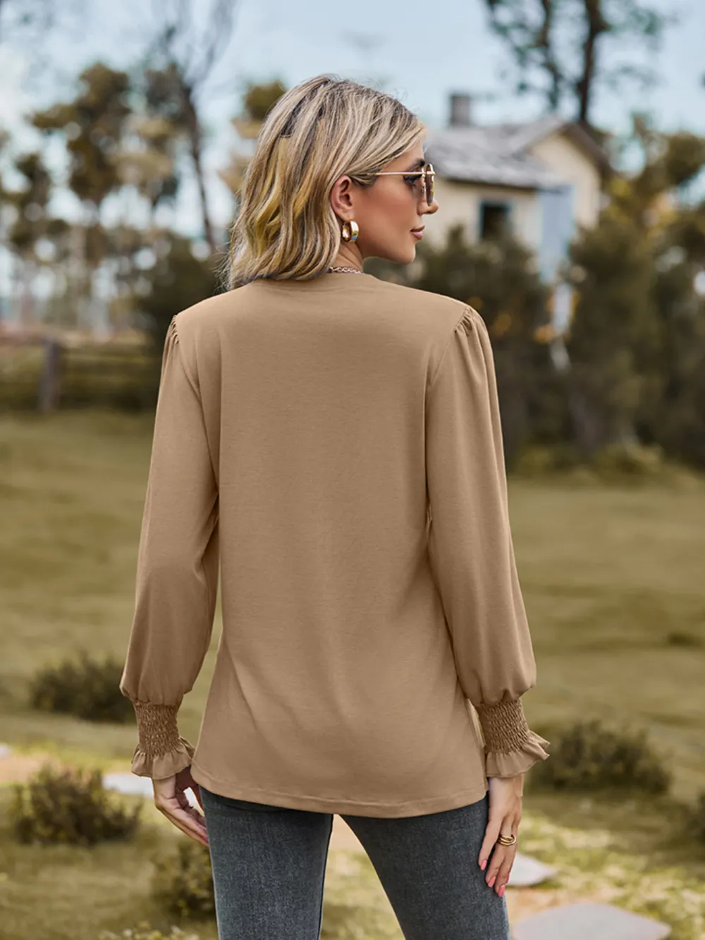 Notched Neck Flounce Sleeve Blouse, image 5