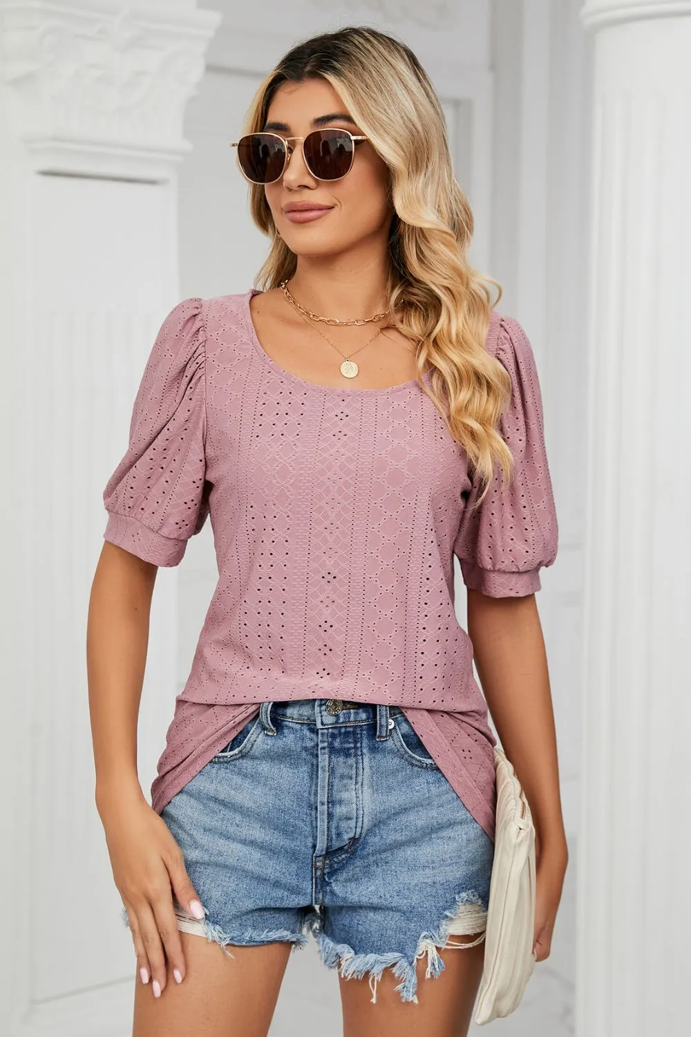 Eyelet Puff Sleeve Round Neck Top, image 6