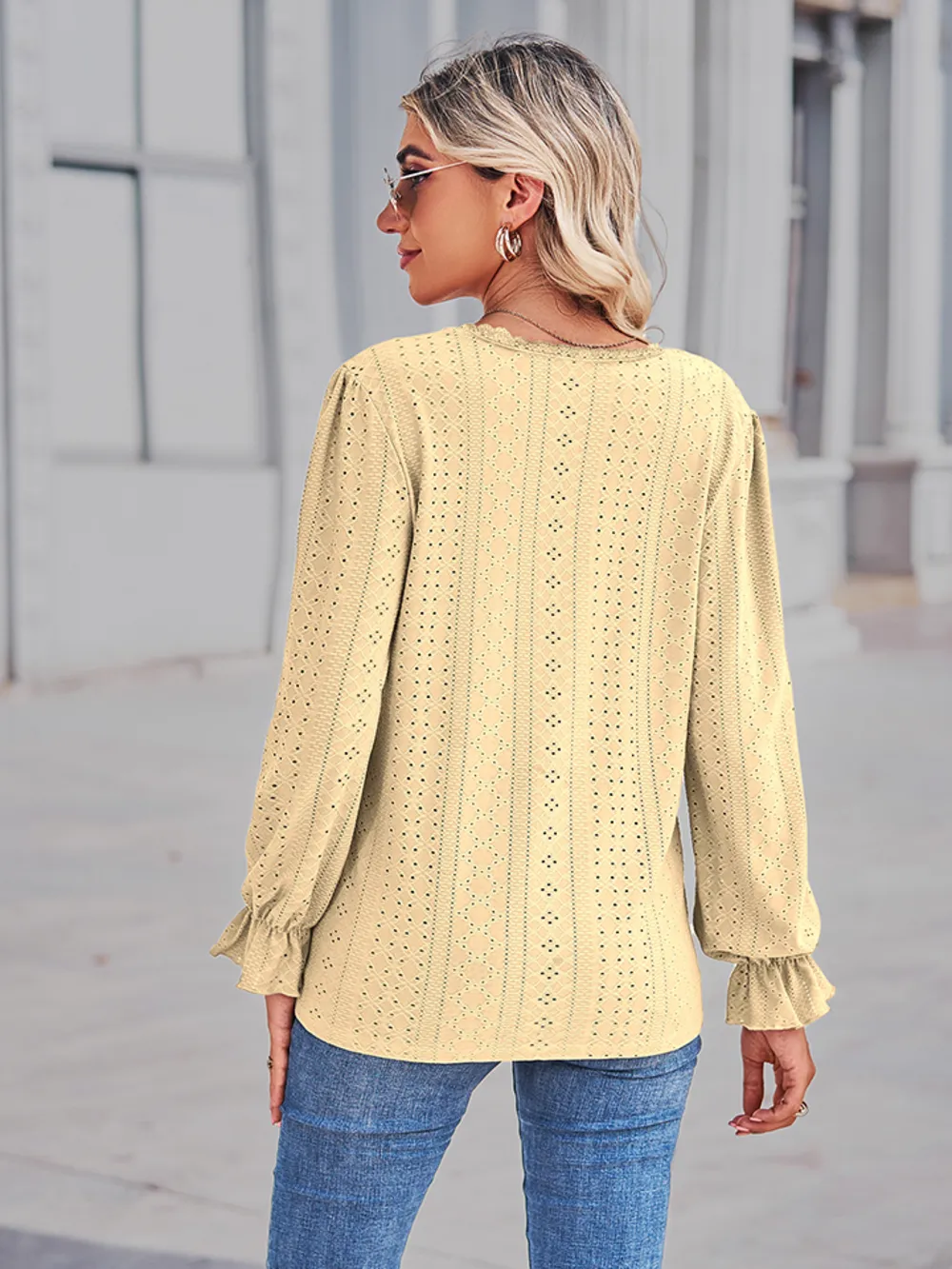 Eyelet V-Neck Flounce Sleeve Blouse, image 3