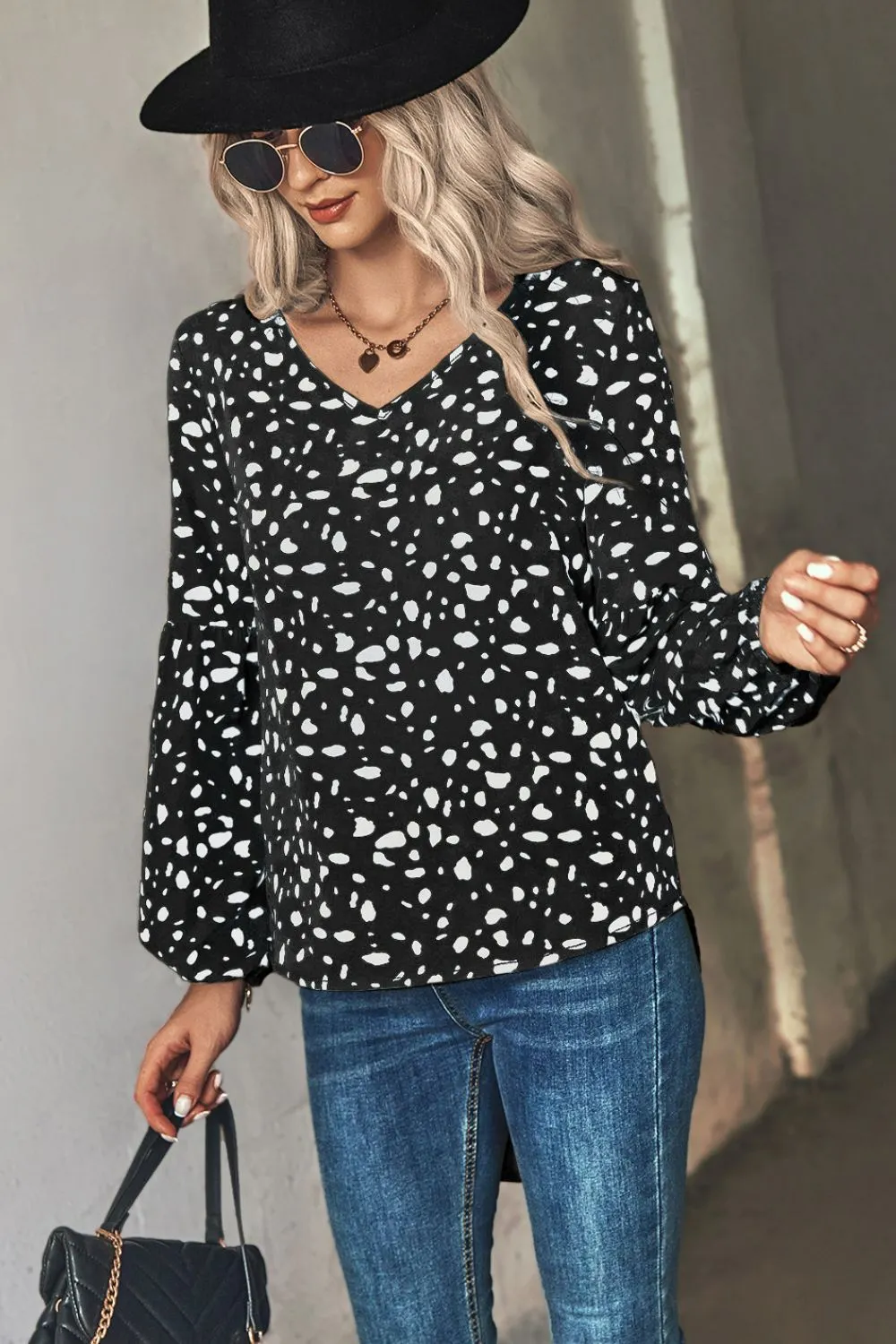 Animal Print V-Neck High-Low Blouse, image 3