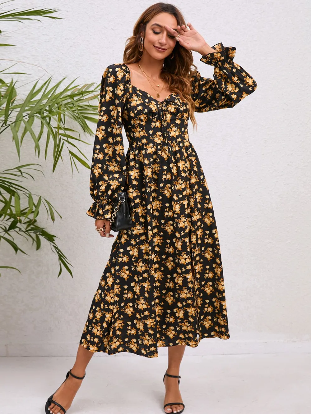 Flounce Sleeve Slit Midi Dress, image 4