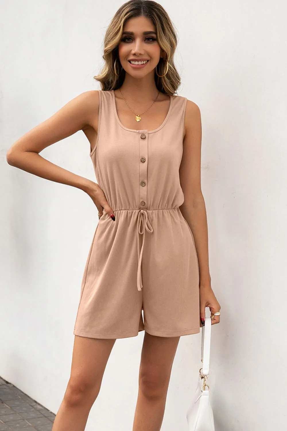 Buttoned Round Neck Sleeveless Romper, image 2