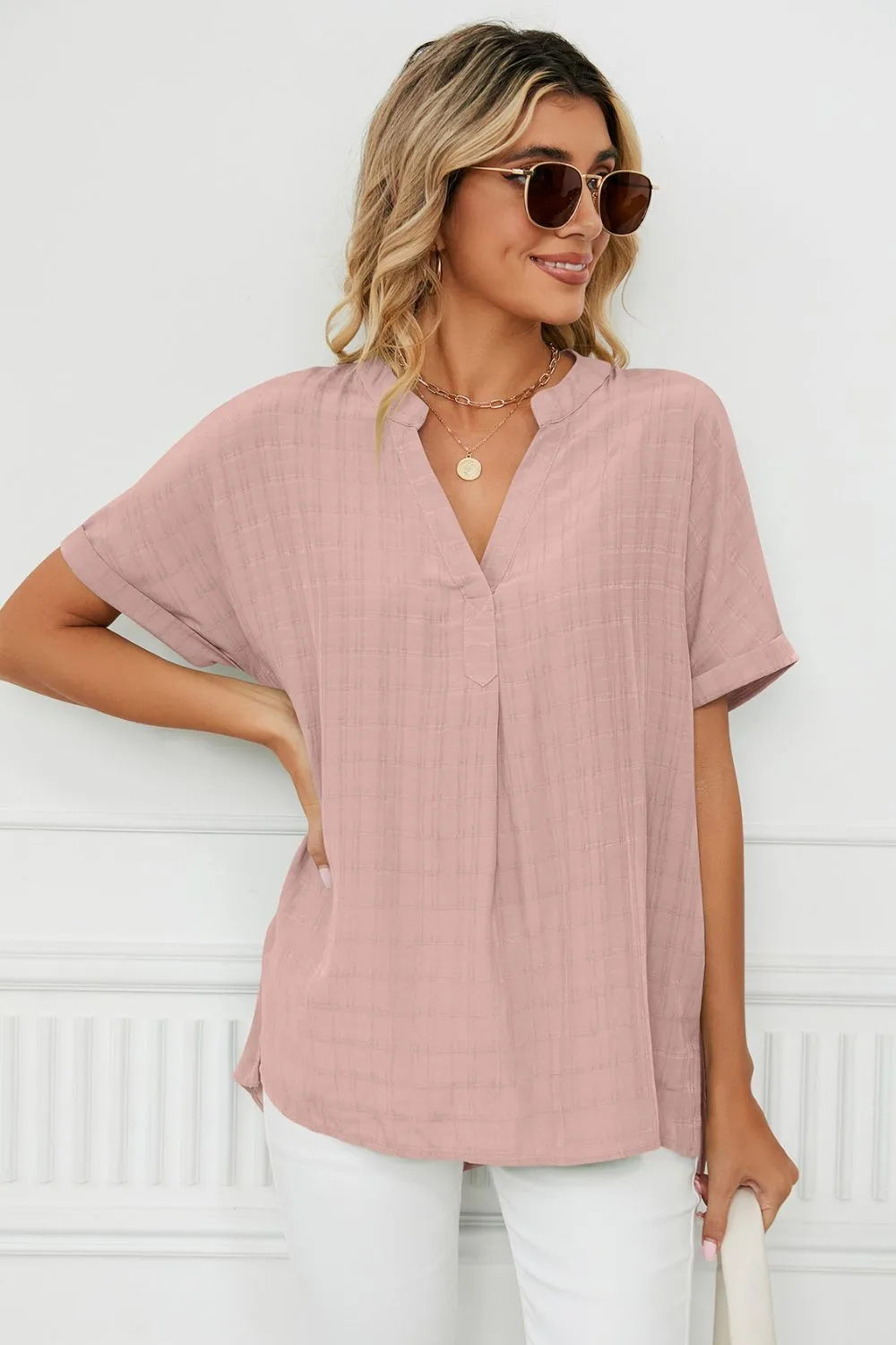 Side Slit Notched Neck Cuffed Short Sleeve Blouse, image 4