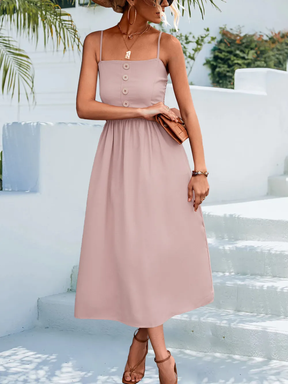 Decorative Button Spaghetti Strap Midi Dress, image 12
