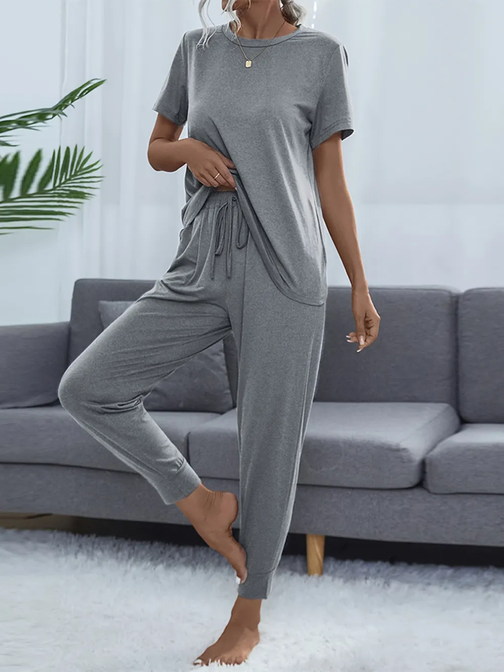 Round Neck Short Sleeve Top and Pants Set, image 8