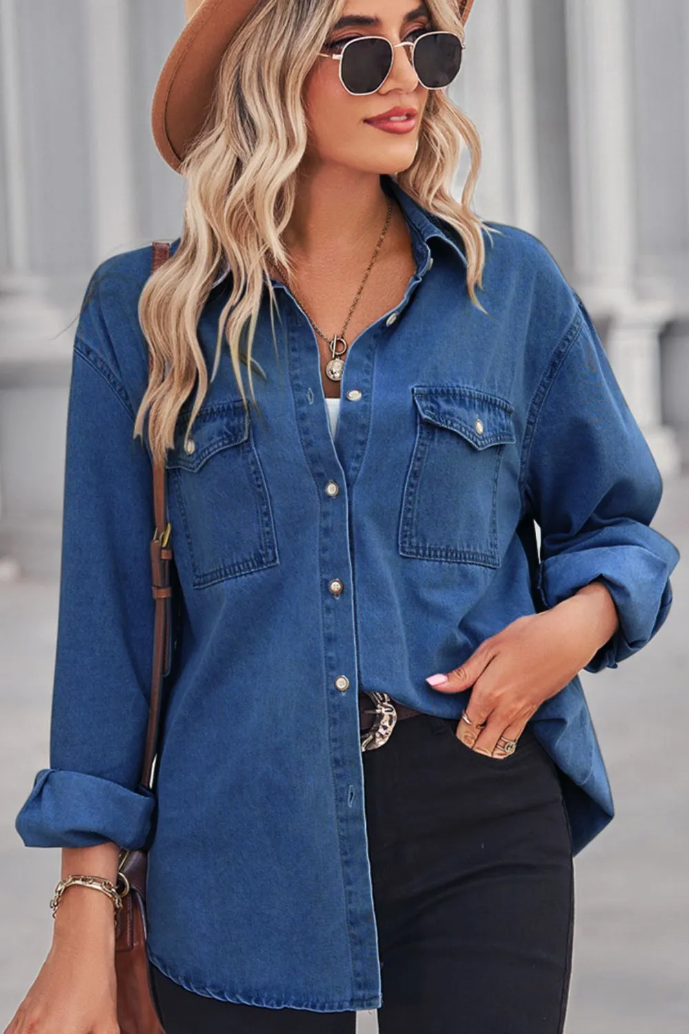 Collared Neck Dropped Shoulder Denim Top, image 7