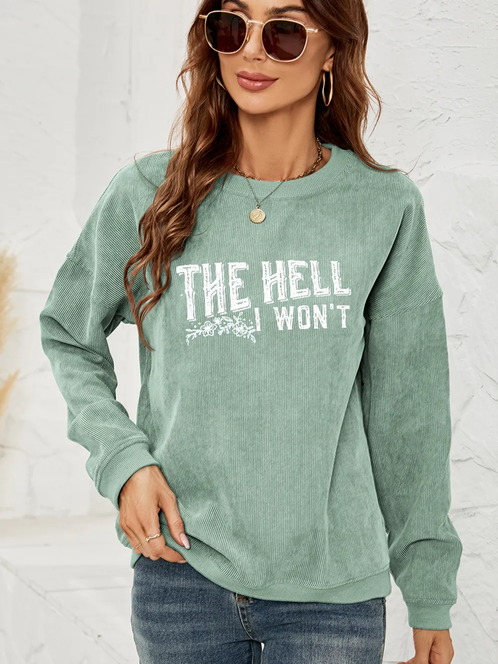 Round Neck Dropped Shoulder THE HELL I WON'T Graphic Sweatshirt, image 7