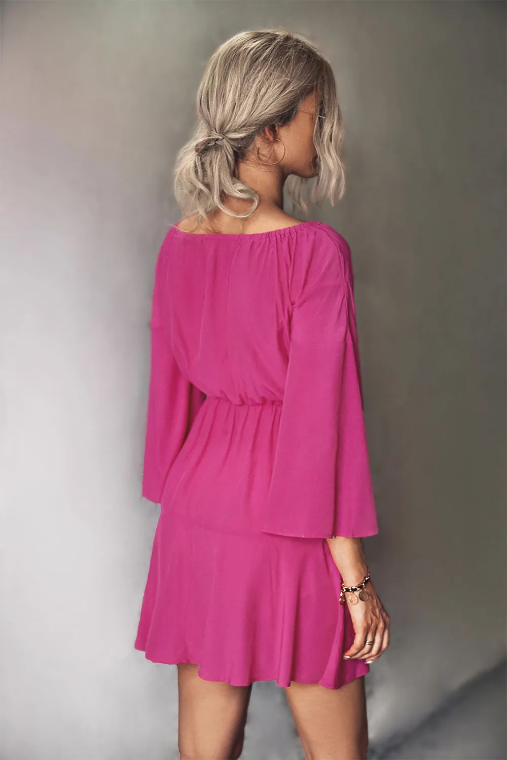 Tie Neck Flare Sleeve Mini Dress, image 5