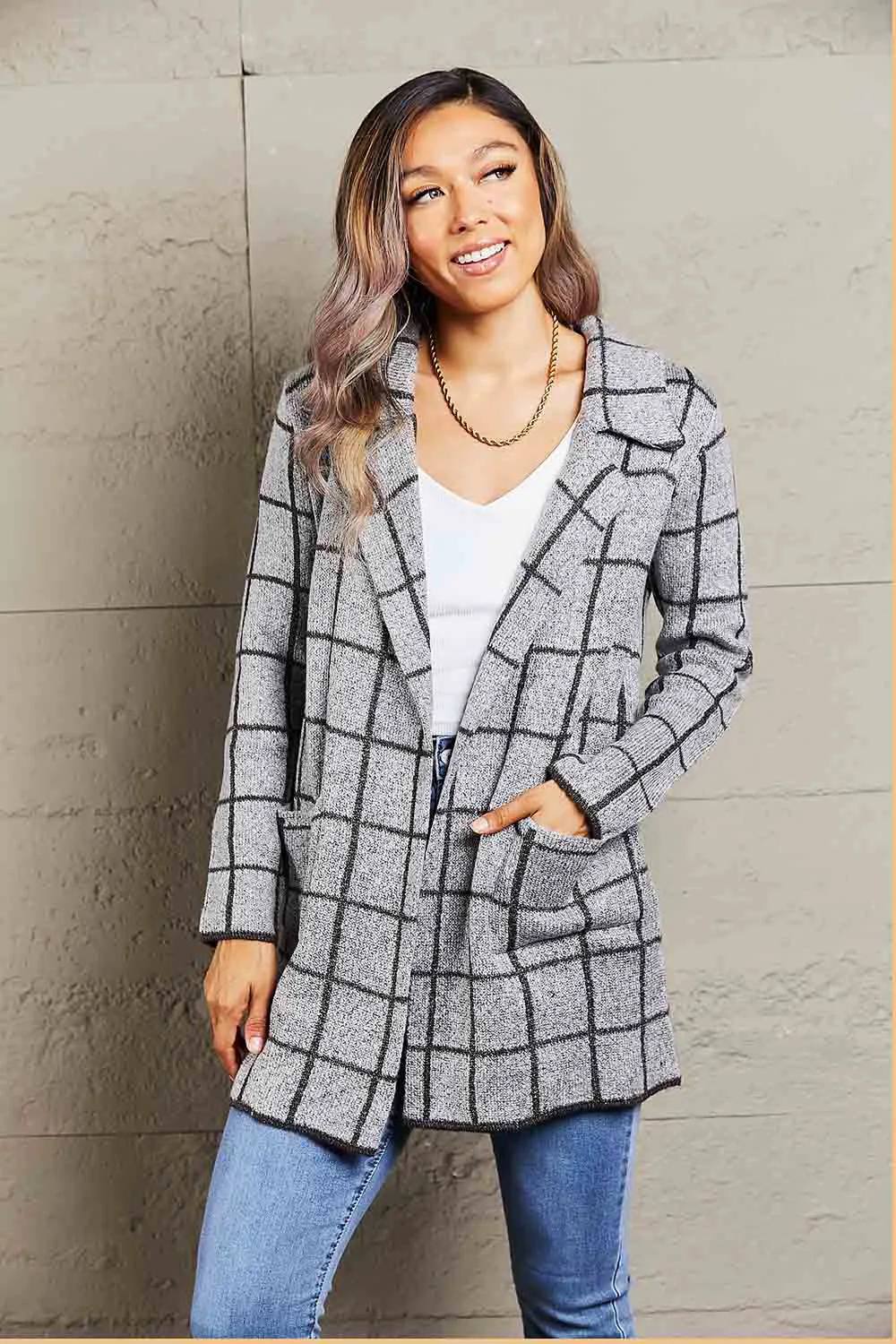 Printed Open Front Lapel Collar Cardigan with Pockets, image 7