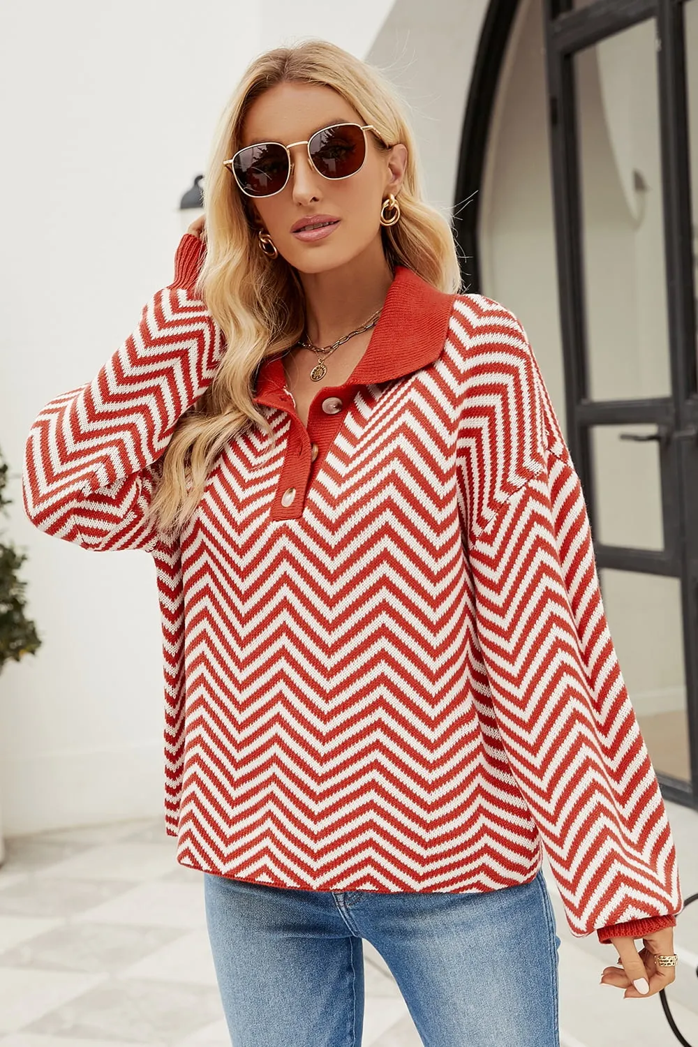 Striped Collared Neck Buttoned Pullover Sweater, image 7