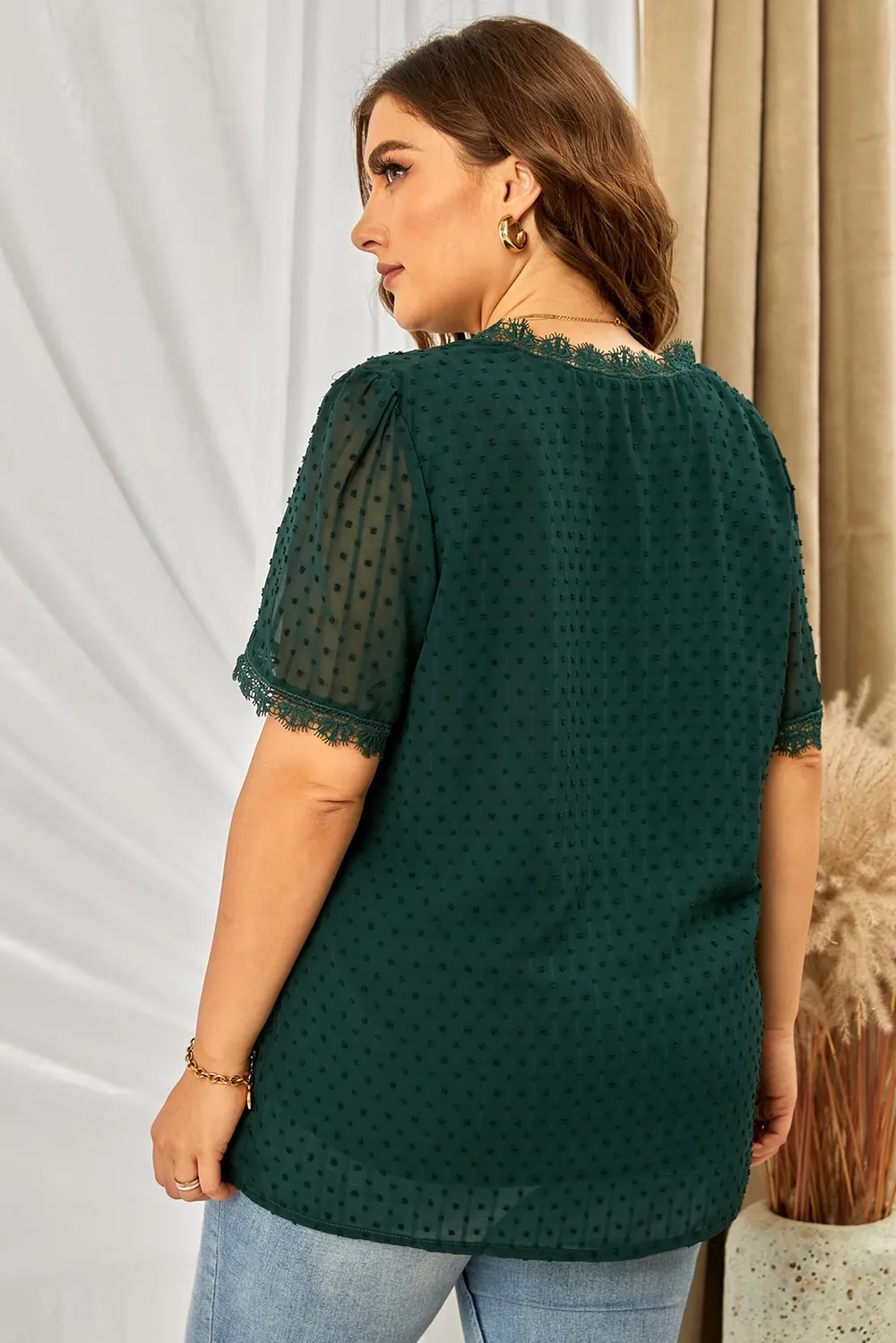 Plus Size Swiss Dot Spliced Lace V-Neck Blouse, image 3