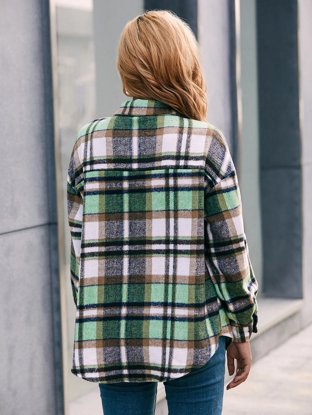 Meet You Outside Plaid Button Down Curved Hem Shacket, image 6