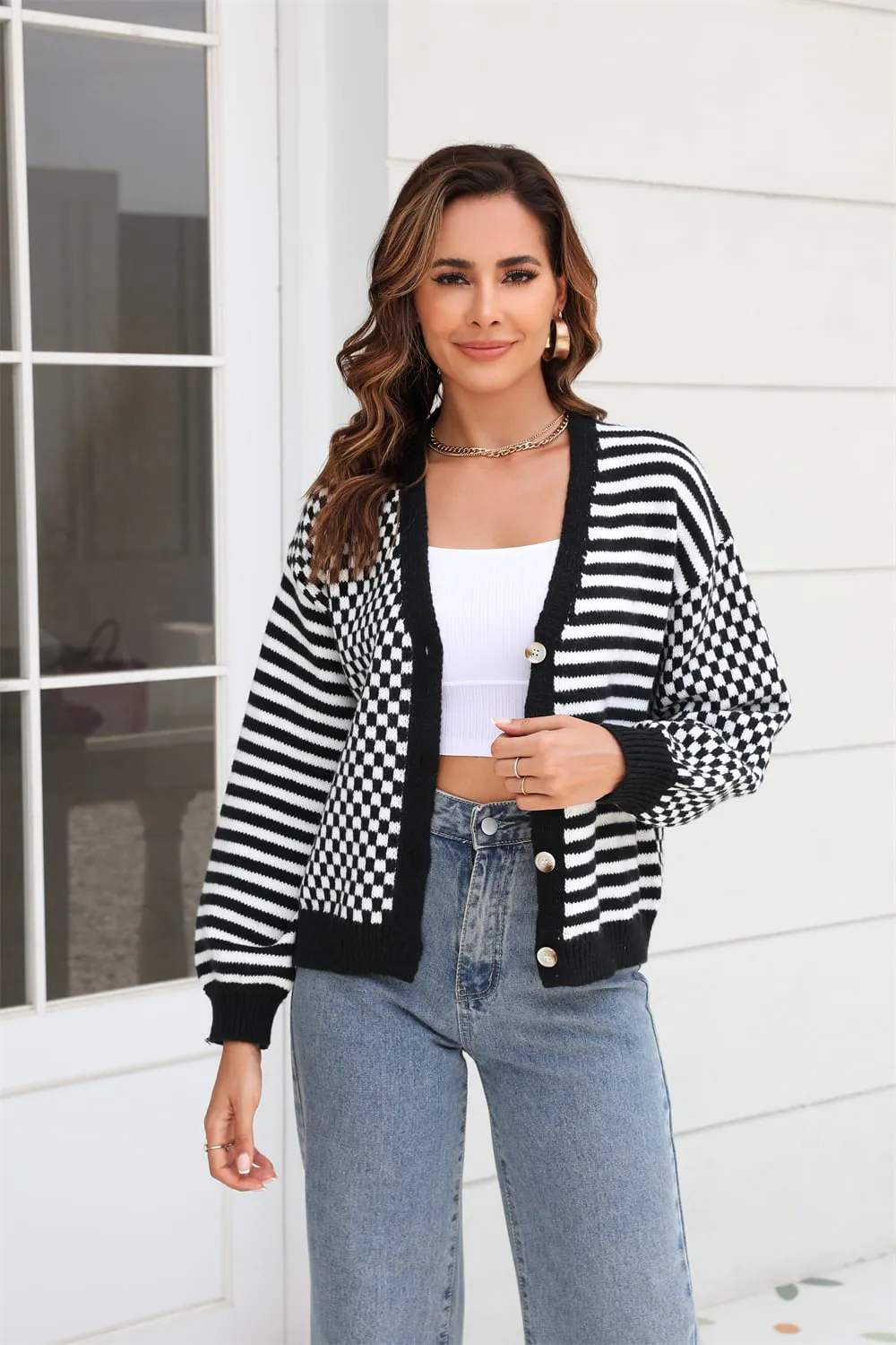 Button-Down Stripe & Plaid Contrast Pattern Cardigan, image 3