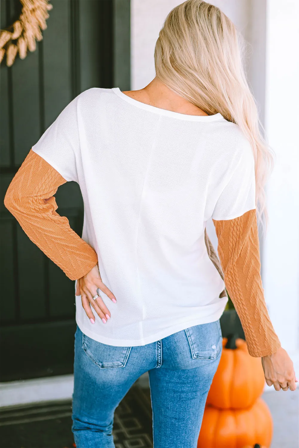 Full Size Color Block Cable-Knit Tops, image 3
