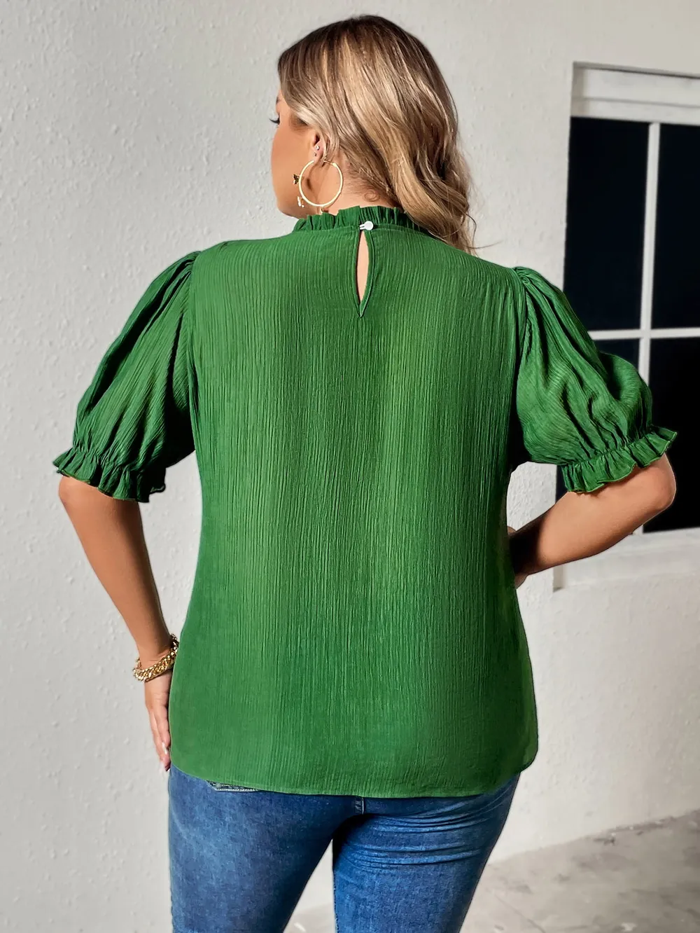 Plus Size Round Neck Flounce Sleeve Blouse, image 2