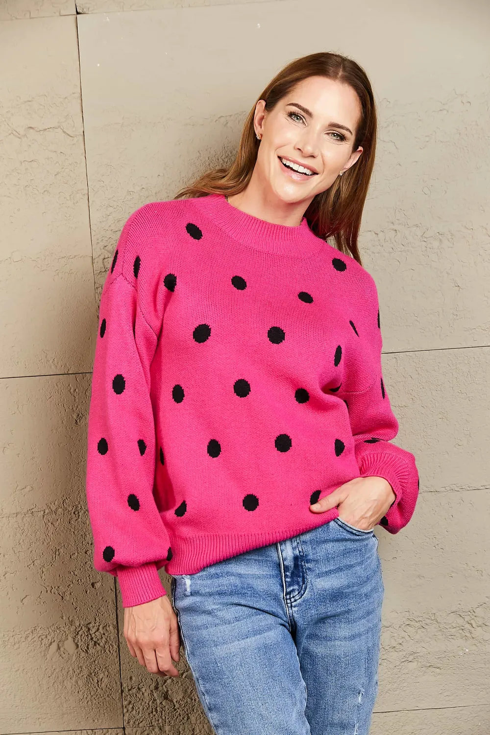 Polka Dot Round Neck Dropped Shoulder Sweater, image 2