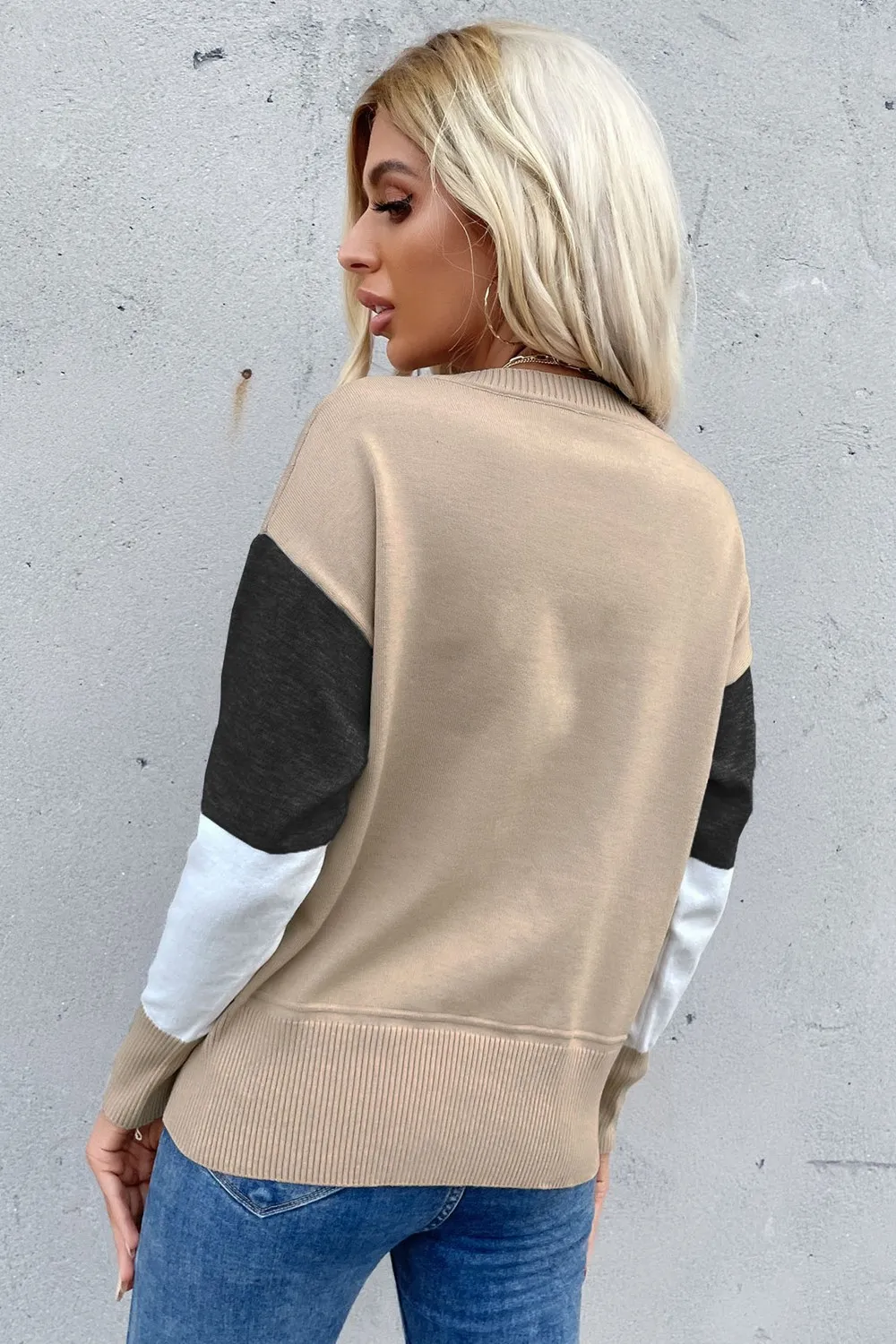 Color Block Ribbed Trim Round Neck Knit Pullover, image 8
