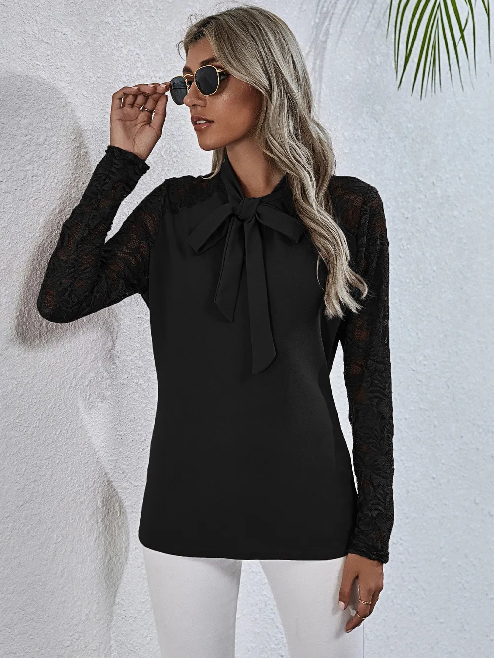 Tie Neck Spliced Lace Long Sleeve Top, image 6